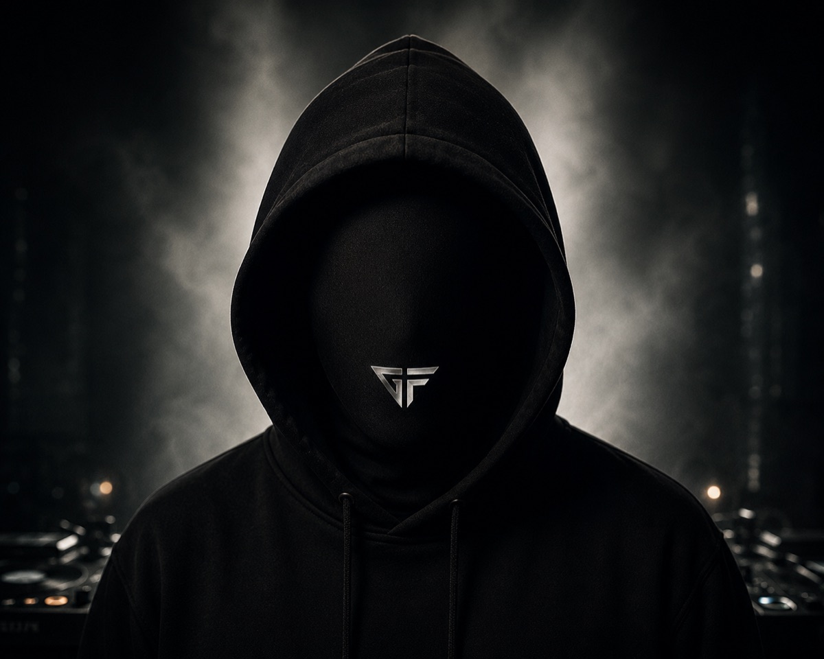 GUNFINGA — a hooded figure, face in shadow, the GF mark glowing on the chest